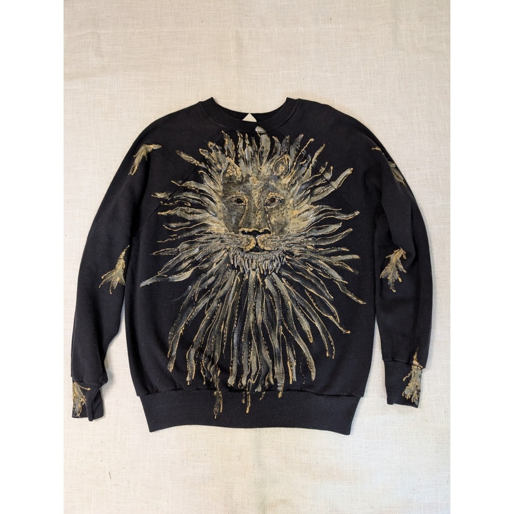 Vintage Hand painted Lion Beaded Black Crewneck Sweatshirt Size Large